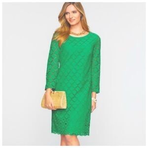 Talbots Eyelet Lace Overlay Shift Dress Sz 16 Green 3/4 Sleeve Scalloped Hem